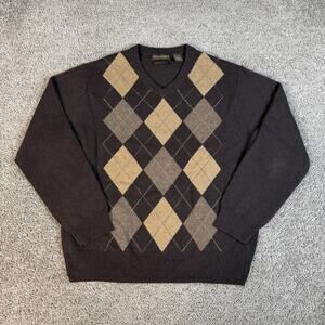 Paolo Mondo Sweater Mens XL Brown V-Neck 100% Cashmere Argyle Pullover
